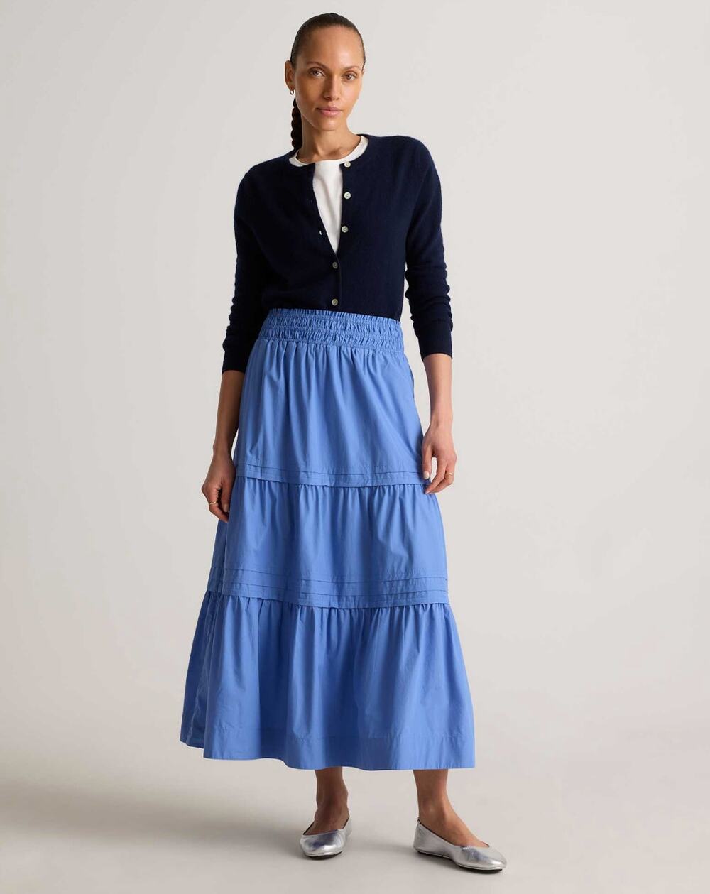 QUINCE 100% Organic Cotton Poplin Tiered Maxi Skirt True Blue Sz L {3Q44}